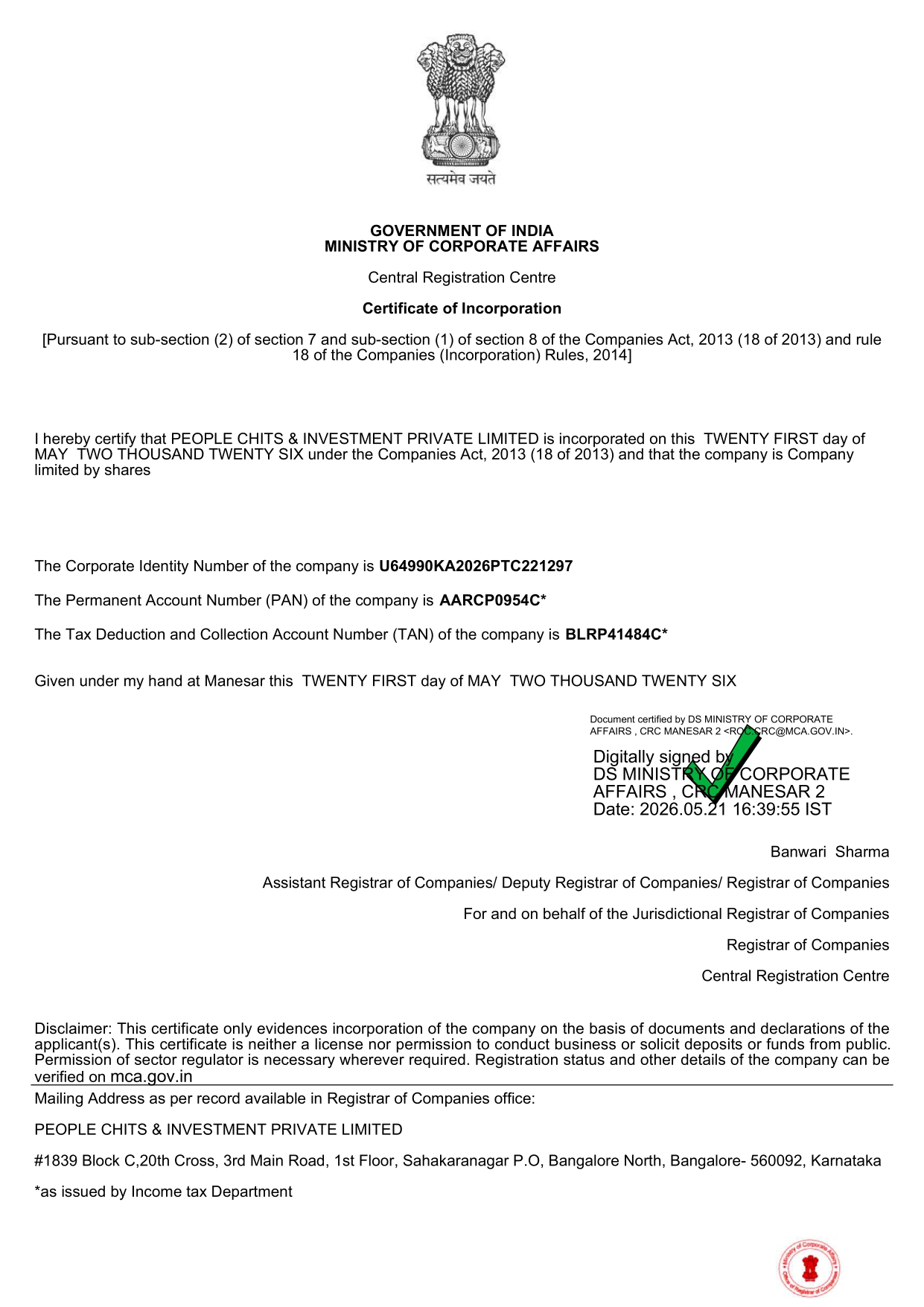 Registration Certificate